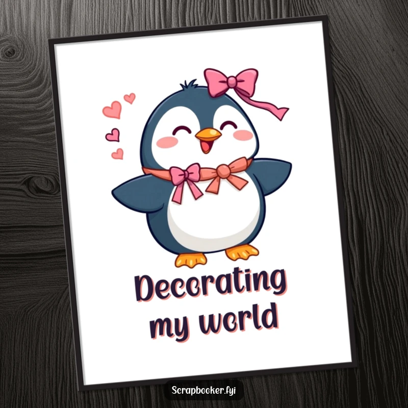 Funny penguin digital art print of a beaming character adding ribbons and bows, perfect for instant festive decor.