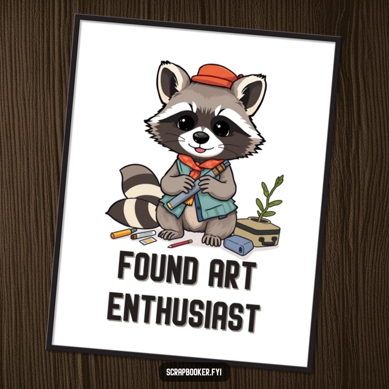 Funny raccoon digital art print, playfully crafting a layered collage with various materials, perfect for instant artistic decor.