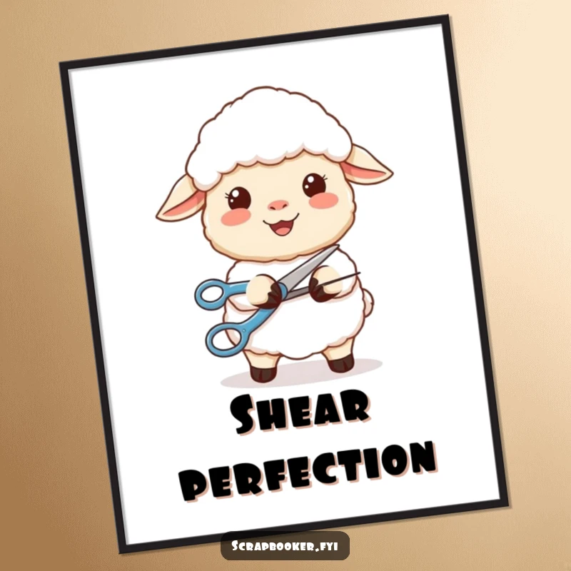 Funny digital art print of a content sheep smiling while precisely cutting a perfect curve with scissors, perfect for decor.