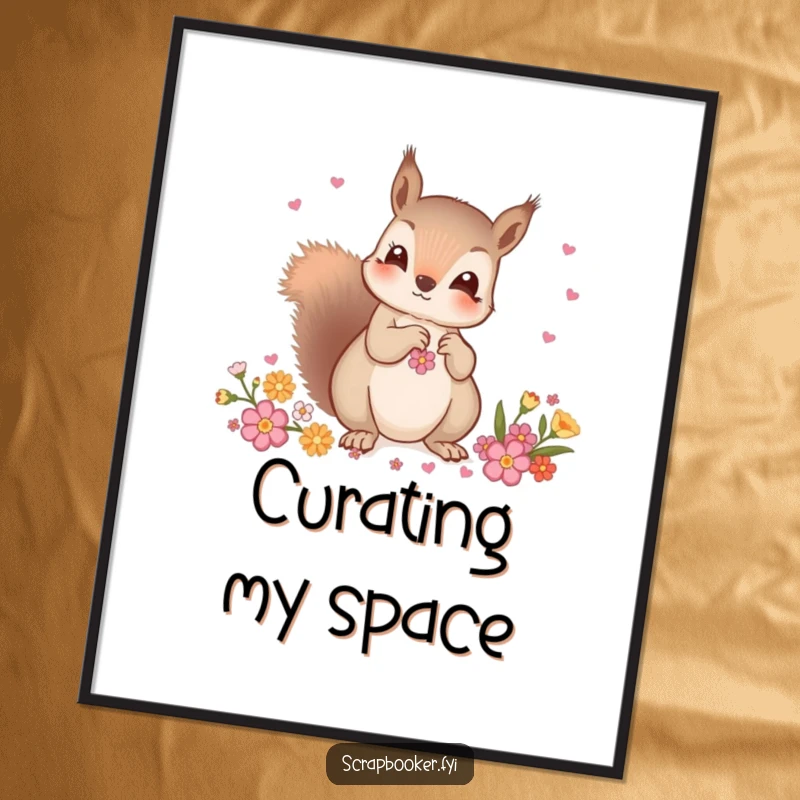 Funny digital art print of a curious squirrel carefully choosing decorative embellishments, perfect for instant stylish wall decor.