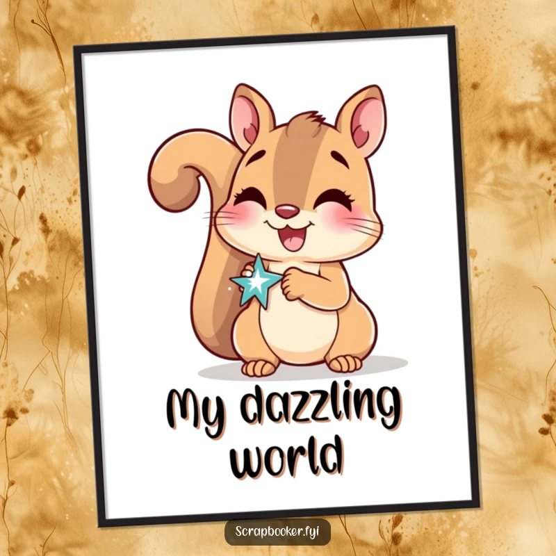 Funny Digital Art Print of a delighted squirrel smiling while gluing a sparkly sticker, celebrating crafting.
