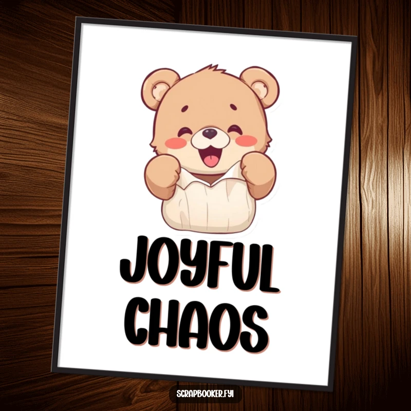 Funny digital art print of a happy bear cub excitedly ripping colorful paper with its paws, exuding joy.