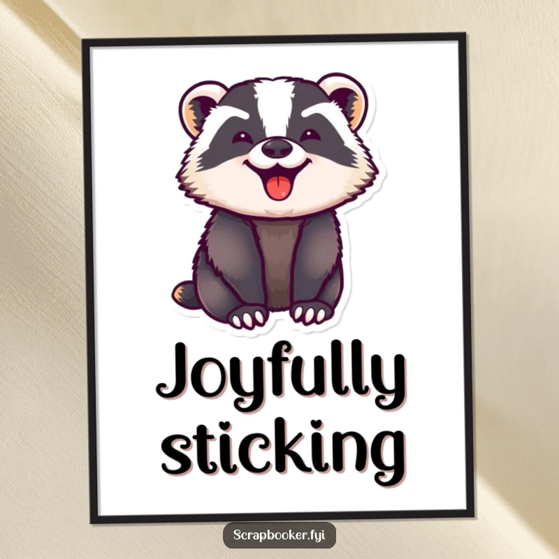 Funny digital art print showing a badger with eyes bright with focused joy, pressing down a sticker. High-resolution download.