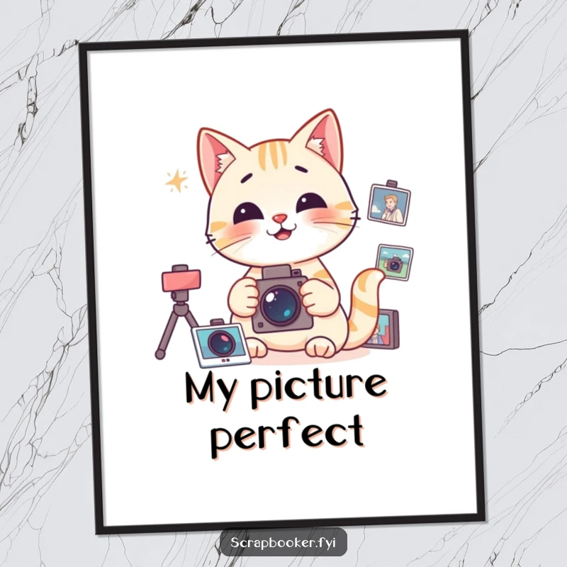 Funny Digital Art Print of a happy cat focused on organizing photographs, celebrating order and memories.