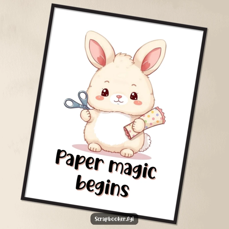 Funny digital art print of a fluffy bunny holding scissors and patterned paper, ready to inspire crafting.