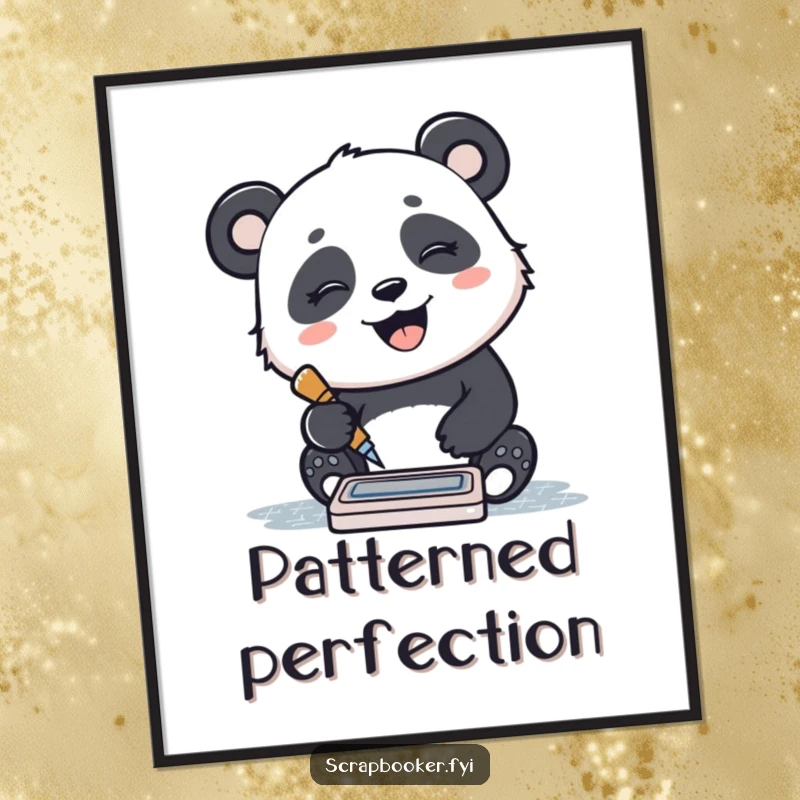 Funny digital art print of a giggling panda stamping a pattern with an ink pad, perfect for printable decor.