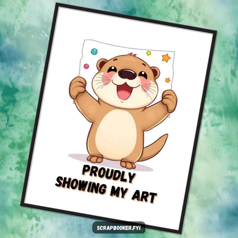 Funny digital art print of a joyful otter proudly holding up a decorated page, celebrating artistic achievement.