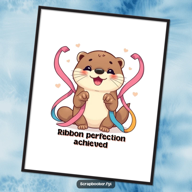 Funny Otter Digital Art: High-resolution printable of a happy otter artist meticulously arranging a vibrant display of ribbons, artistic and cheerful.
