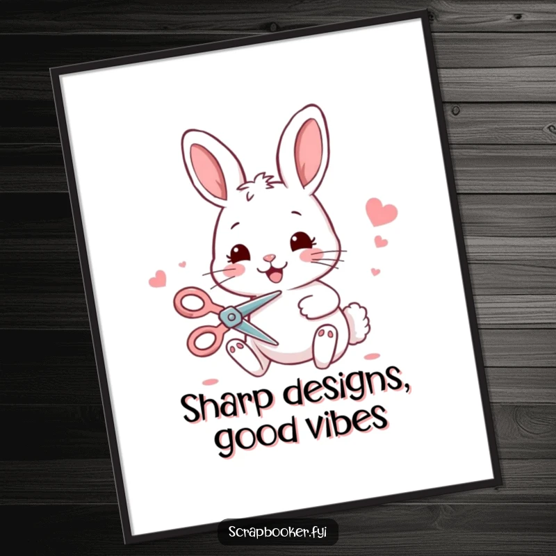 Funny bunny digital art print showing a happy bunny cutting paper with scissors, ideal for instant wall decor.