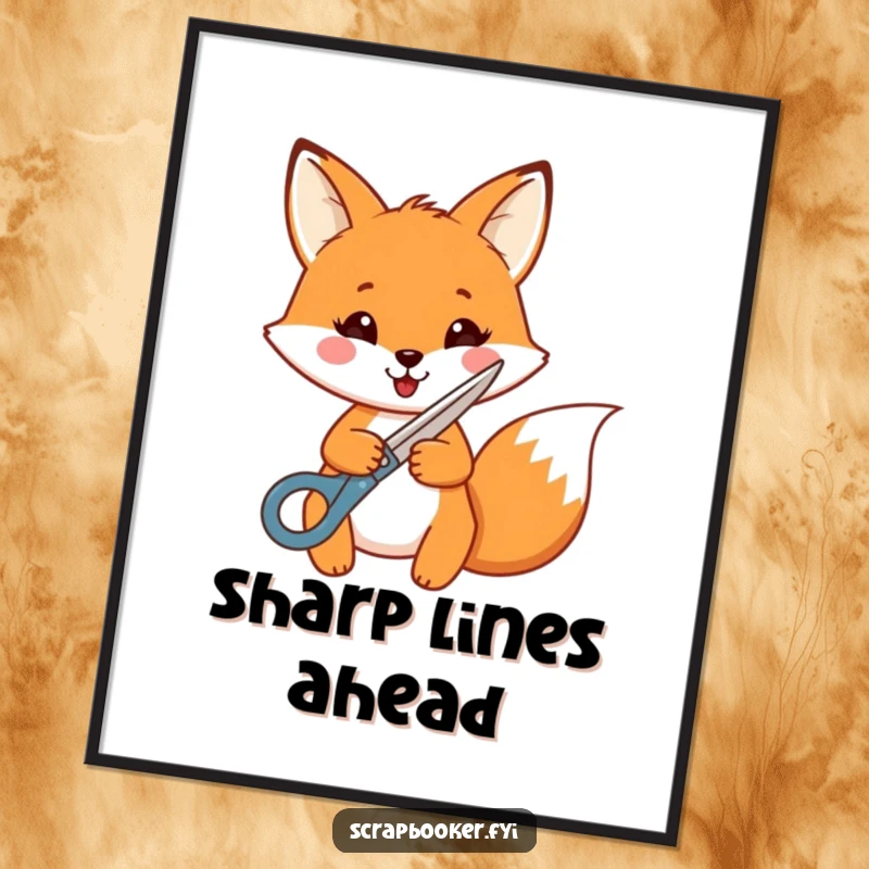 Funny Fox Digital Art Print: A cheerful fox gleefully cuts a shape with decorative scissors, perfect for instant creative decor.