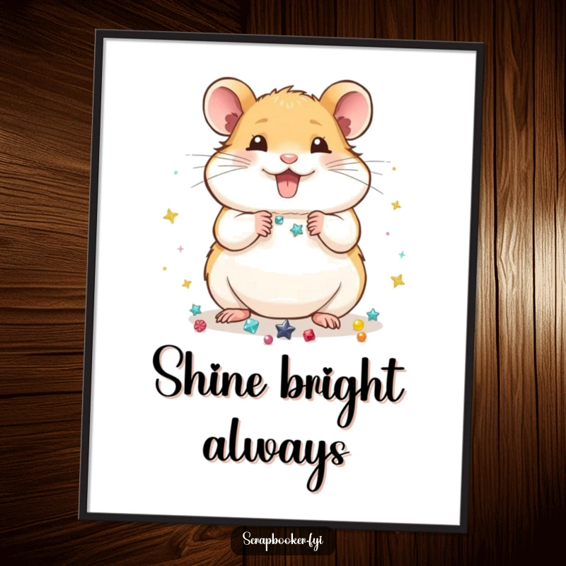 Funny Digital Art Print: A hamster cheerfully arranging small, shiny embellishments, offering charming and humorous artistic decor.