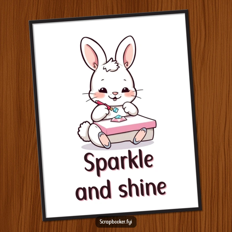 Funny Bunny Digital Art Print: A playful bunny glues a sparkling gem onto a project, perfect for instant creative decor.