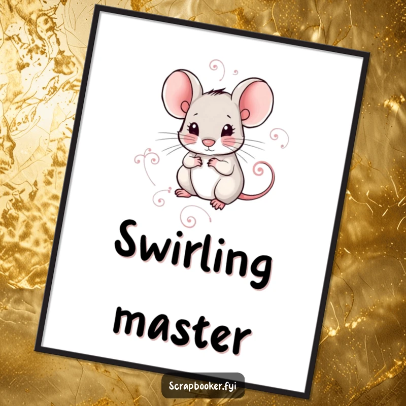 Funny digital art print of a mouse meticulously drawing a decorative swirl with intense focus. High-resolution download for creative spaces.