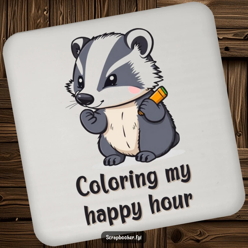 Funny coasters featuring a determined badger writing with a bright crayon, adding an artistic and protective touch.