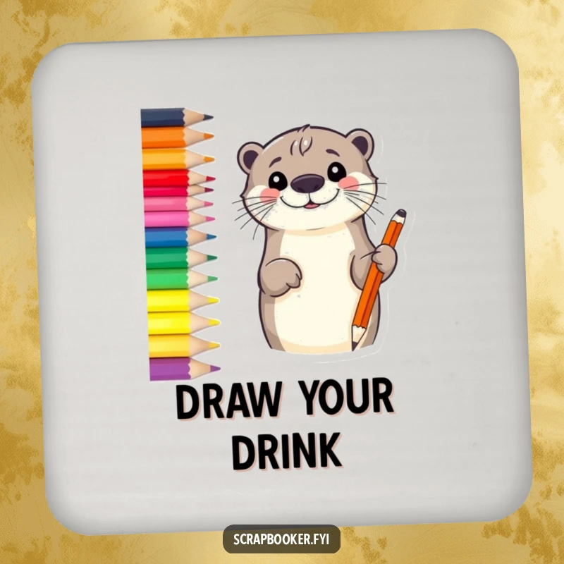 Funny otter coaster featuring a smiling otter sketching a border with a vibrant colored pencil, perfect for protecting surfaces.