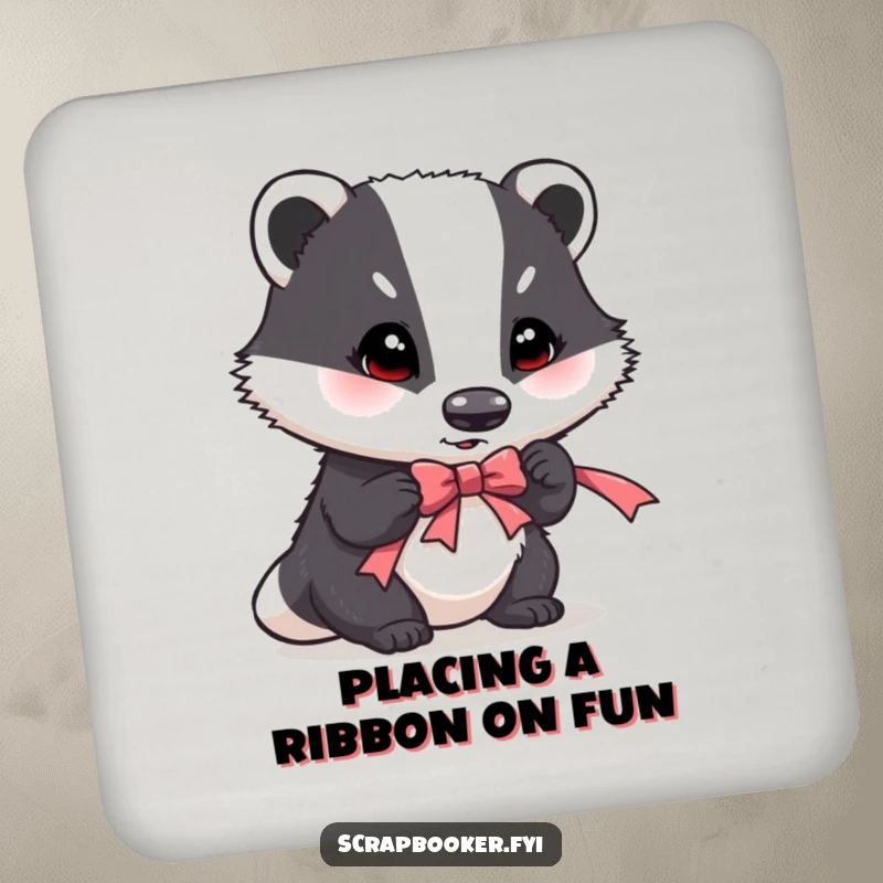 Funny drink coaster featuring a determined badger carefully placing a ribbon accent, a humorous addition to any table.