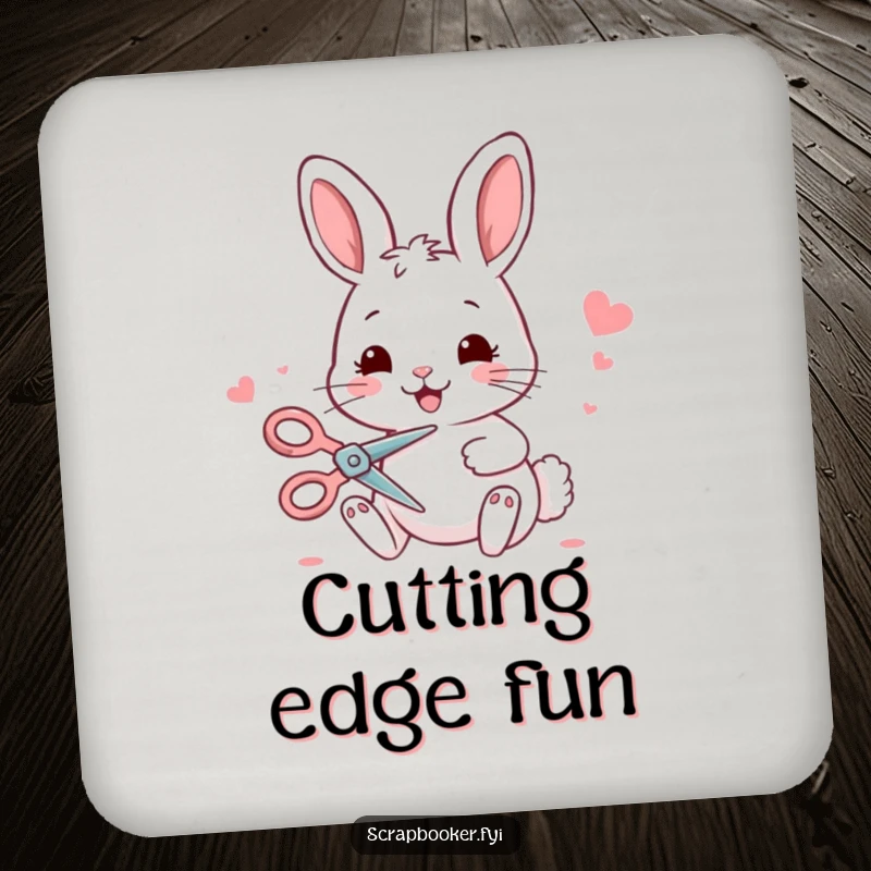 Funny bunny crafting coaster featuring a smiling bunny with scissors, protecting surfaces with art.