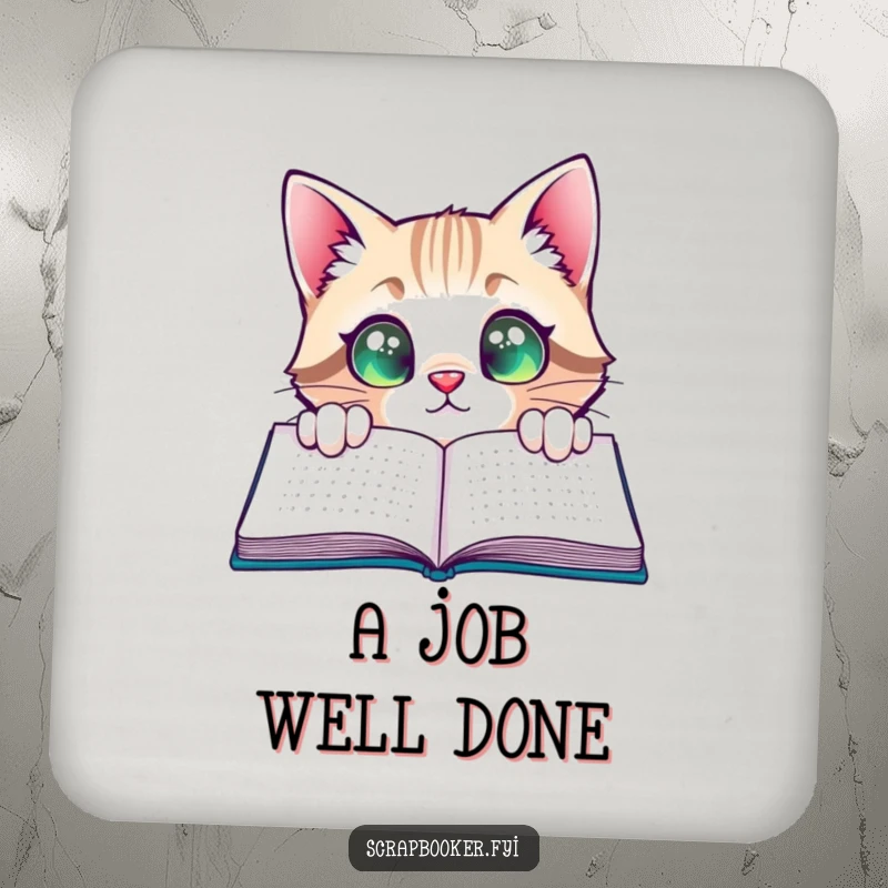 Funny Cat Coaster: A curious cat peeking with satisfied, wide eyes at a completed page, perfect for adding humor to your coffee table.