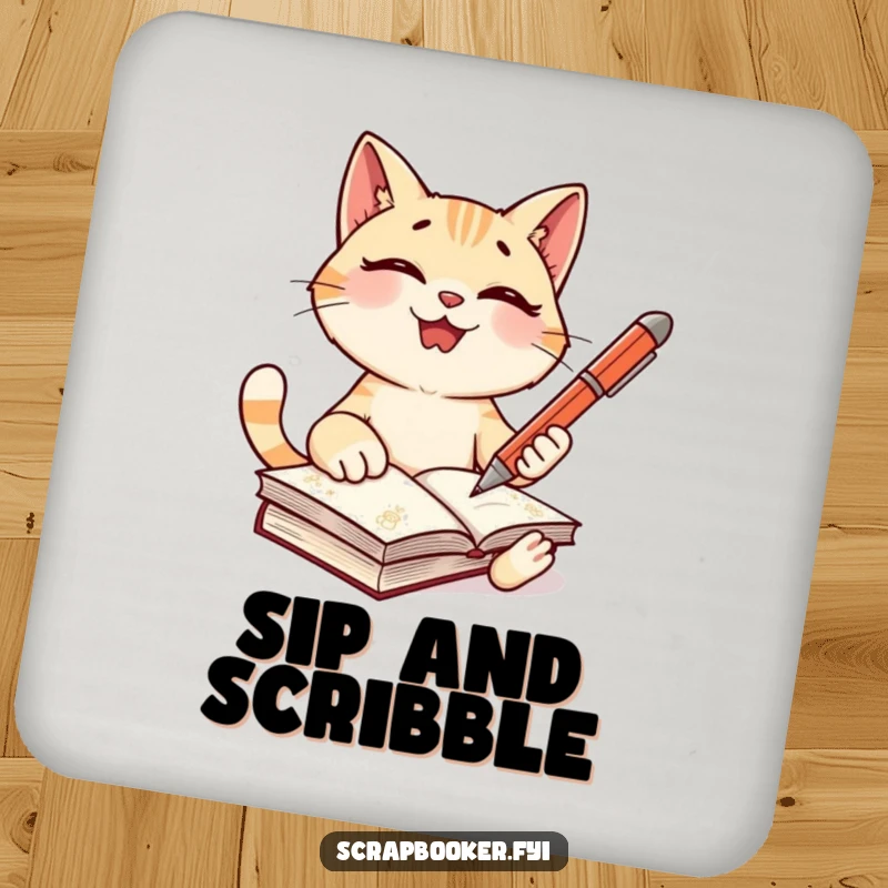 Funny cat coaster with a giggling character holding a pen, ready to write in a journal, perfect for literary table protection.