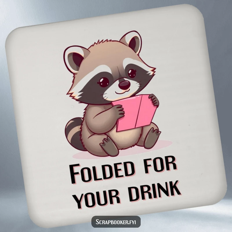 Funny content raccoon carefully folding a colorful piece of paper on drink coasters, a humorous and practical set.
