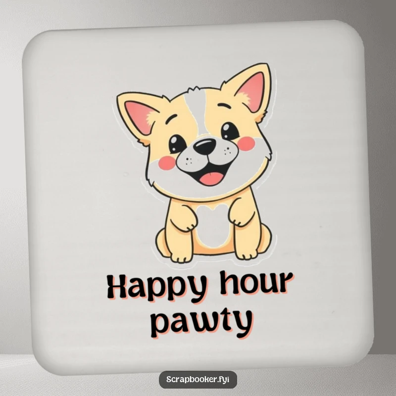 Funny drink coaster showcasing a smiling dog using a stamp to create a cute design on a blank page, protecting surfaces humorously.