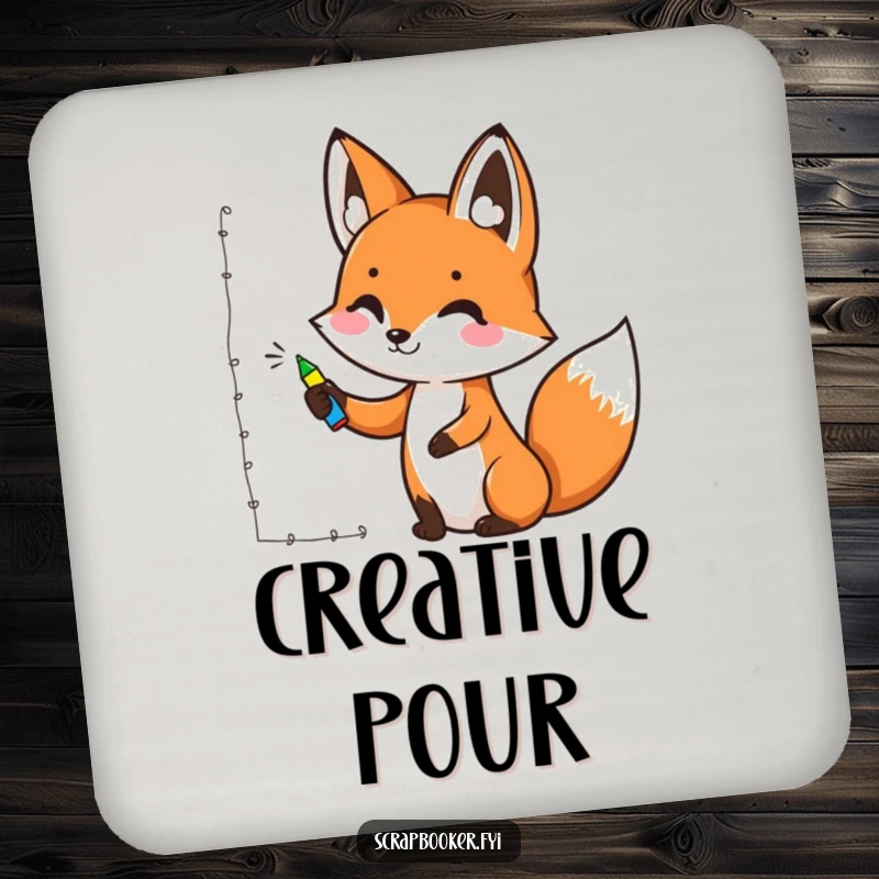 Funny drink coaster showcasing a cheerful fox drawing a decorative border with a marker, protecting surfaces with artistic humor.