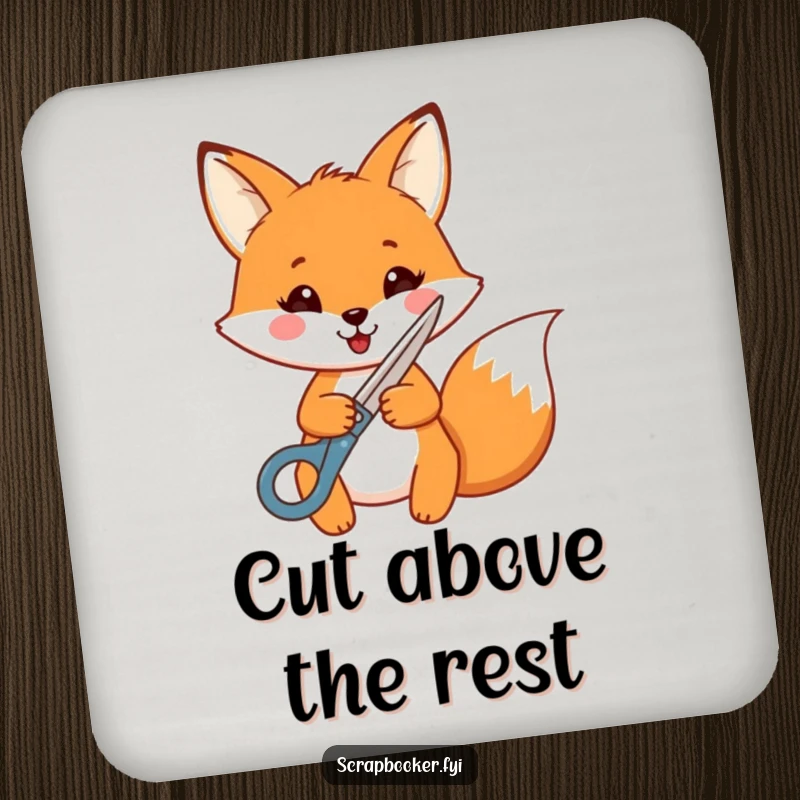 Funny Fox Coaster: A cheerful fox uses decorative scissors to cut a shape, adding a humorous artistic touch to table protection.