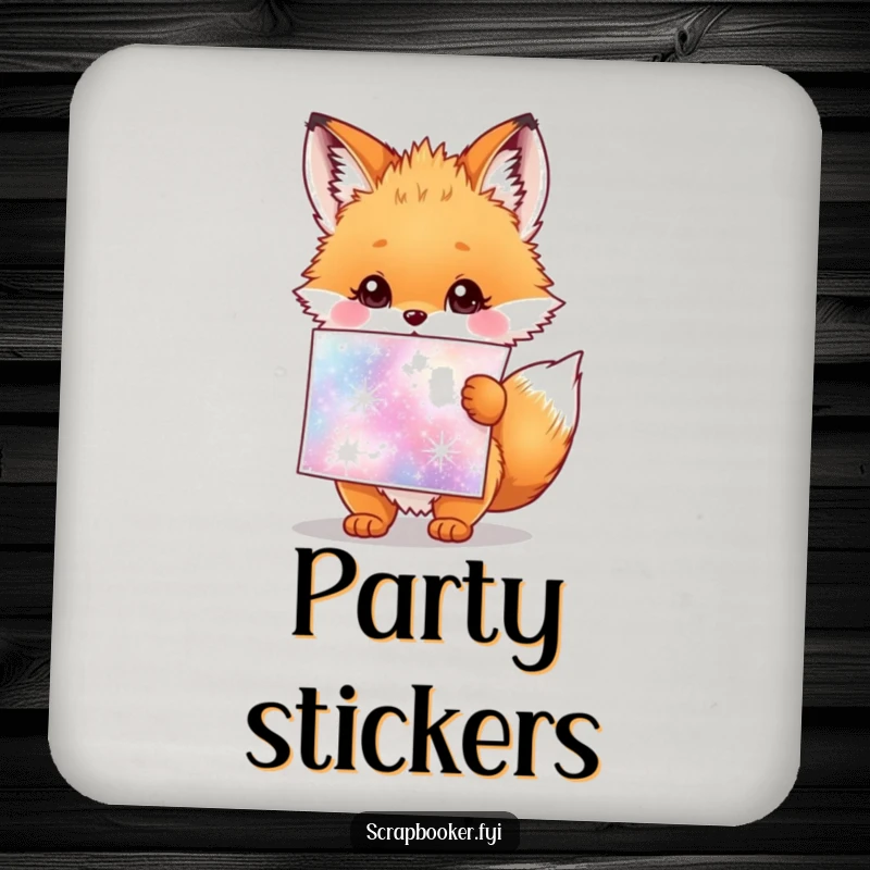 Funny coaster with a fluffy fox cub holding a giant sparkly sticker sheet, adding sparkle to surfaces.