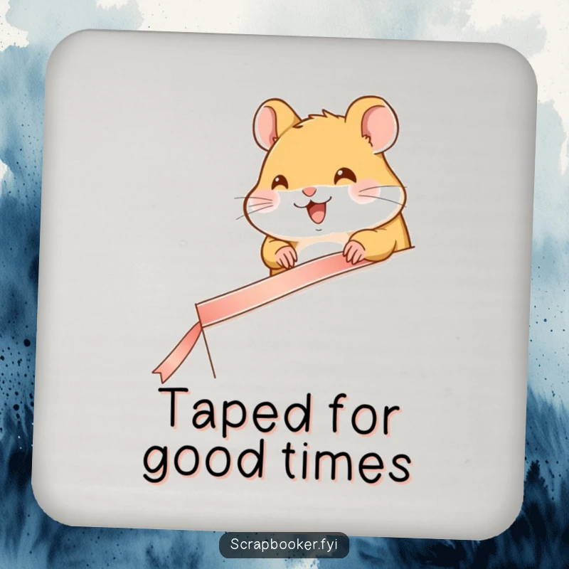 Funny drink coaster featuring a happy hamster carefully taping a ribbon to a page, ideal for furniture protection.