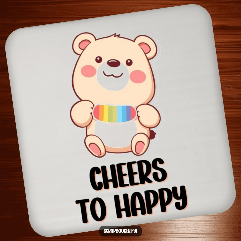 Funny drink coaster set with a happy bear adding a colorful sticker to a page with delight, protecting surfaces cheerfully.