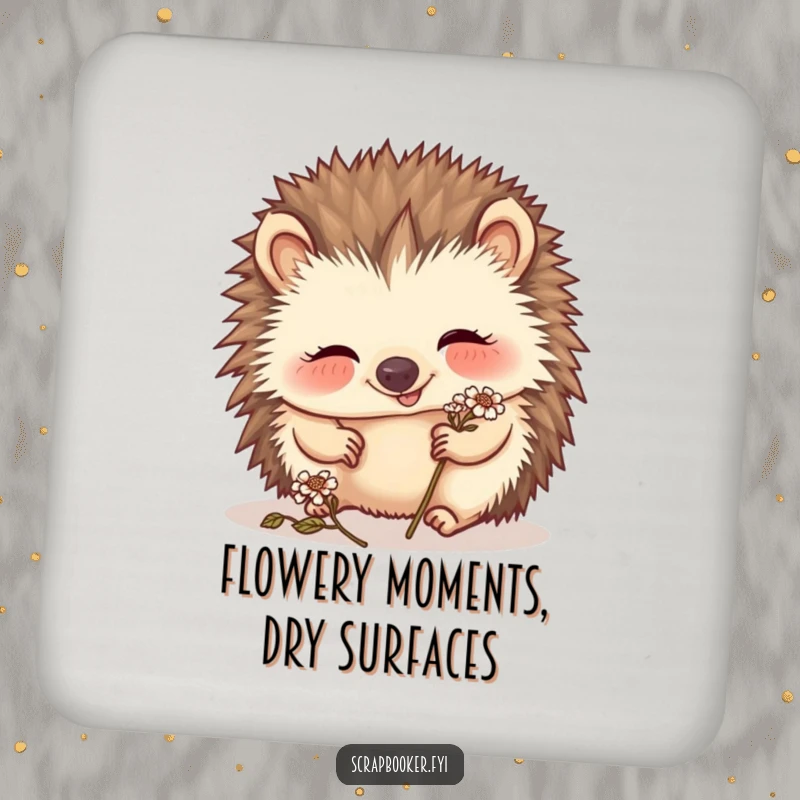 Funny hedgehog drink coaster with a giggling creature placing a tiny dried flower, adding artistic humor to tabletops.