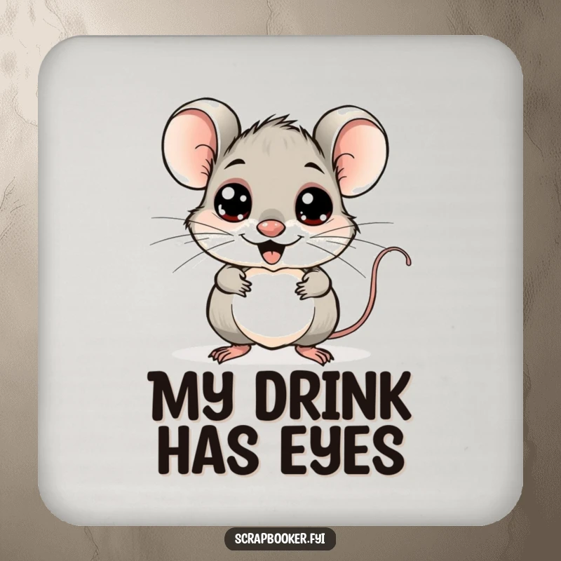 Funny mouse drink coaster, cheerfully adding googly eyes to a whimsical drawing, adding quirky artistic humor.