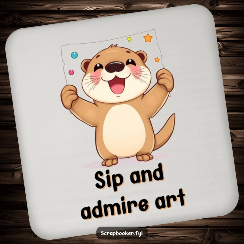 Funny drink coaster with a joyful otter proudly displaying a decorated page, perfect for protecting surfaces artistically.