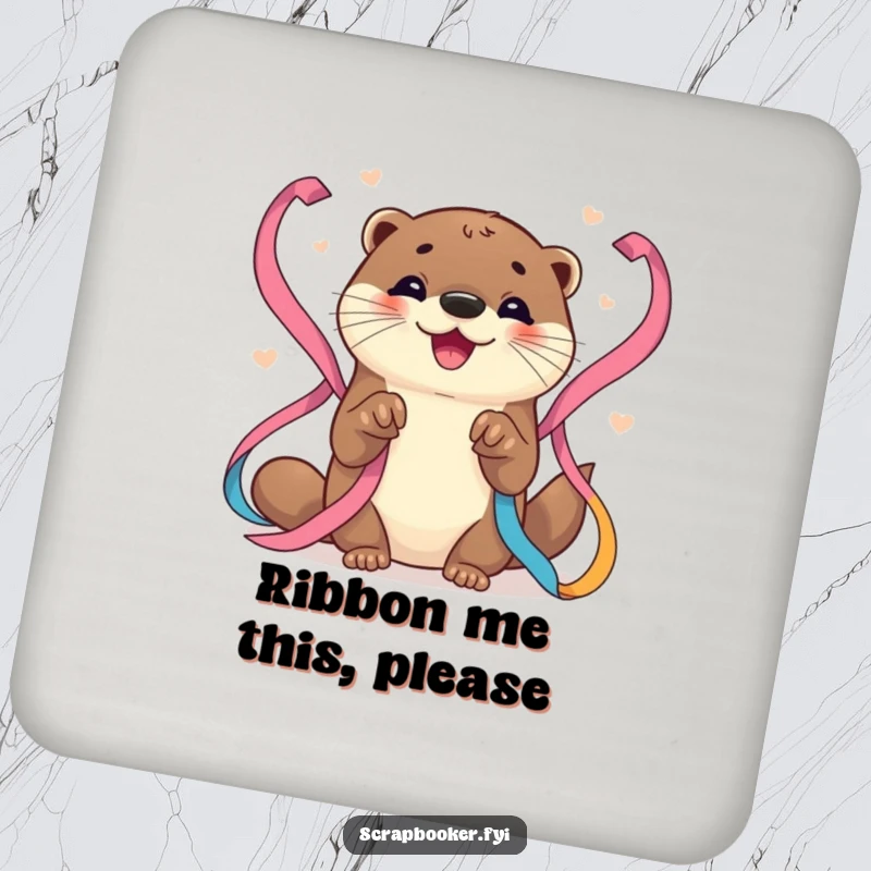 Funny Otter Coaster: A charming coaster depicting a happy otter artist carefully arranging vibrant ribbons, a functional art piece.