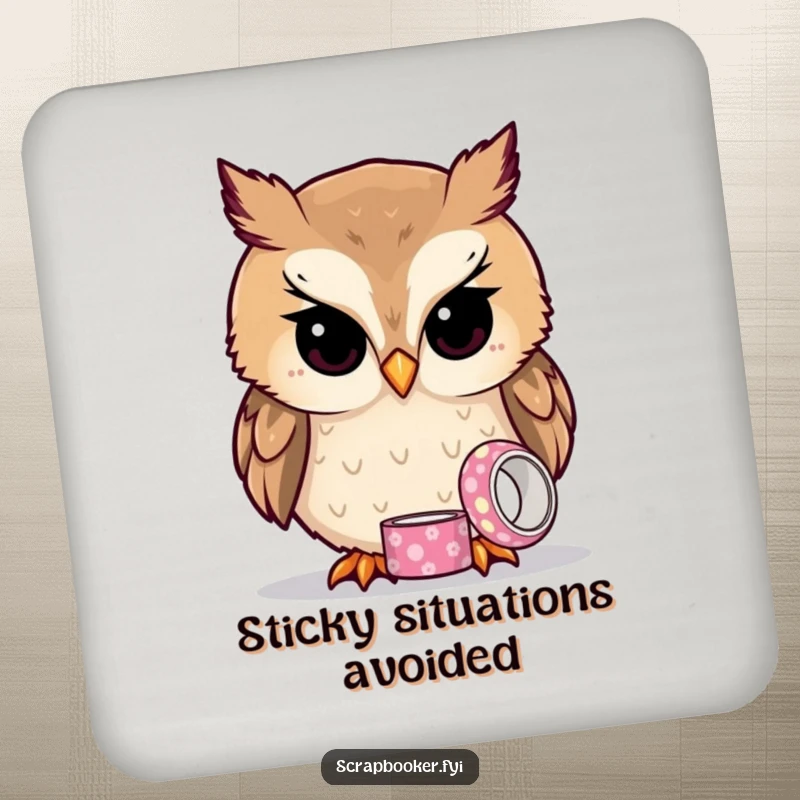 Funny owl tape coaster featuring a curious owl examining patterned tape, protecting surfaces with art.