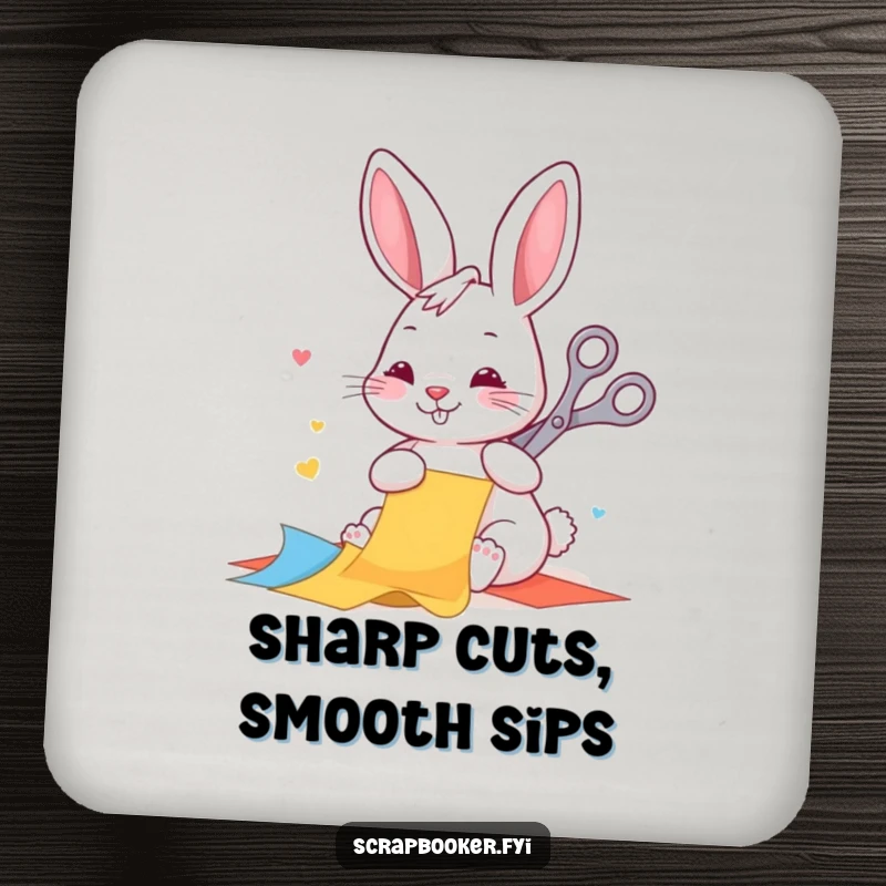 Funny coasters featuring a happy rabbit diligently cutting colorful paper with scissors, adding a creative and protective touch.