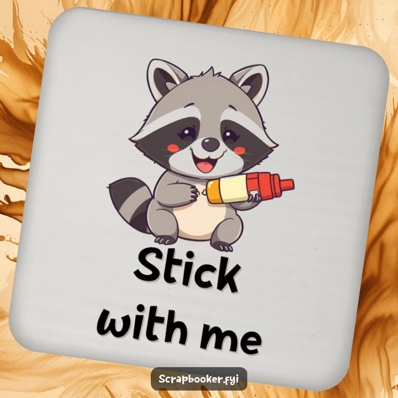 Funny drink coaster featuring a mischievous raccoon grinning while holding a glue stick, protecting surfaces with humor.