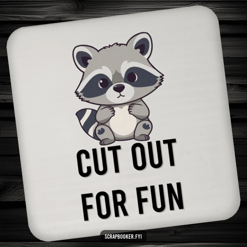 Funny drink coaster featuring a curious raccoon carefully cutting a paper silhouette, ideal for furniture protection.
