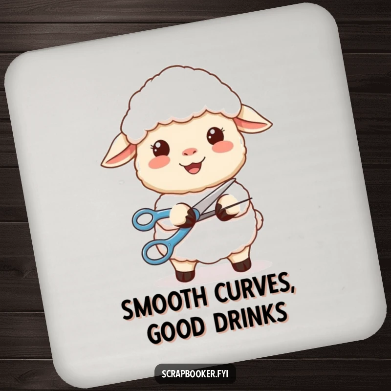 Funny coaster featuring a content sheep smiling while using scissors to cut a perfect curve, adding calm craftsmanship to your table.