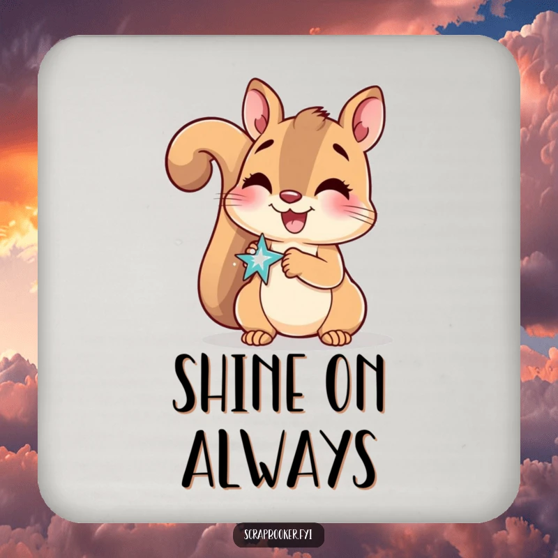 Funny Drink Coaster featuring a delighted squirrel smiling while applying a sparkly sticker, adding sparkle.