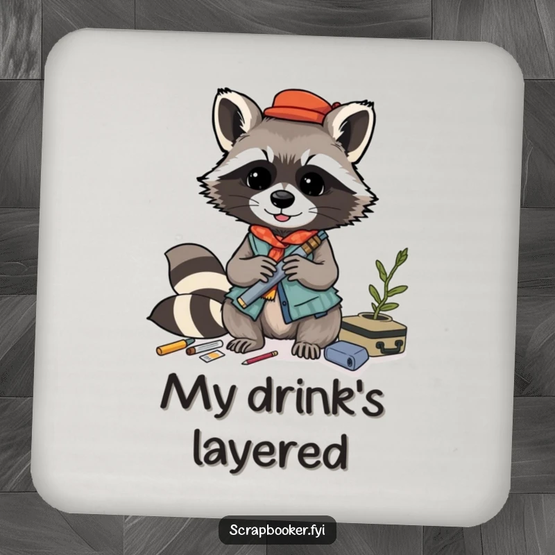 Funny raccoon drink coaster, playfully crafting a layered collage with various materials, adding artistic humor.