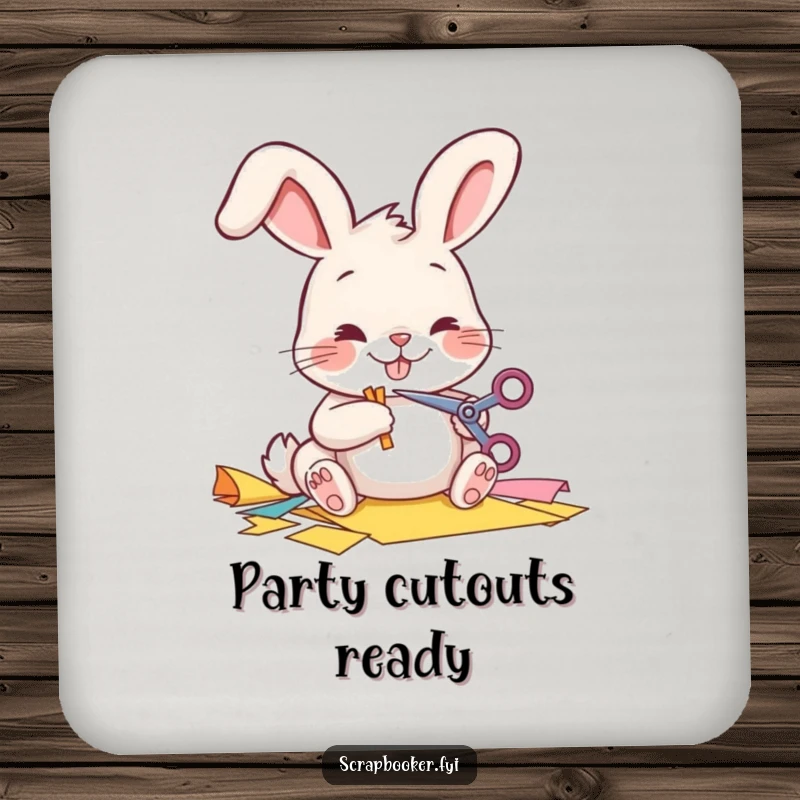 Funny Drink Coaster featuring a cheerful bunny cutting paper, adding creative flair to surfaces.