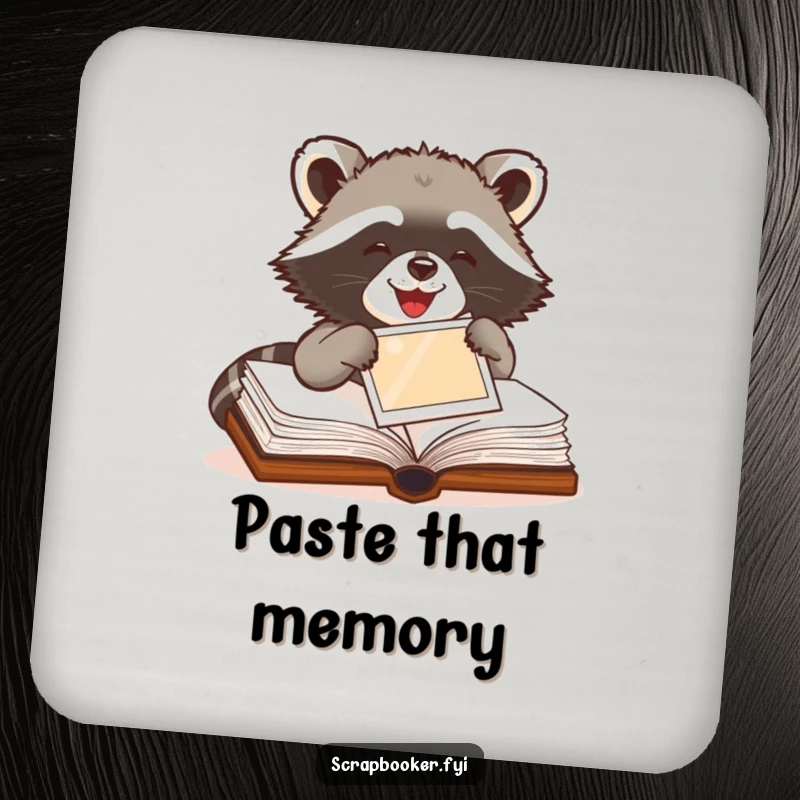 Funny Raccoon Coasters featuring a delighted raccoon pasting a photo into a book, protecting surfaces with charm.
