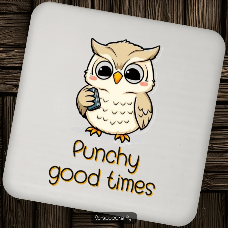 Funny coaster featuring a wise owl happily and precisely using a hole punch, adding cheerful organization to your table.