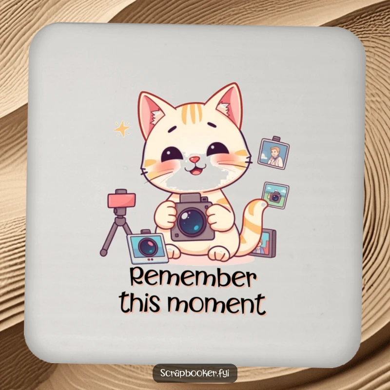 Funny Drink Coaster featuring a happy cat focused on organizing photographs, adding organized flair.