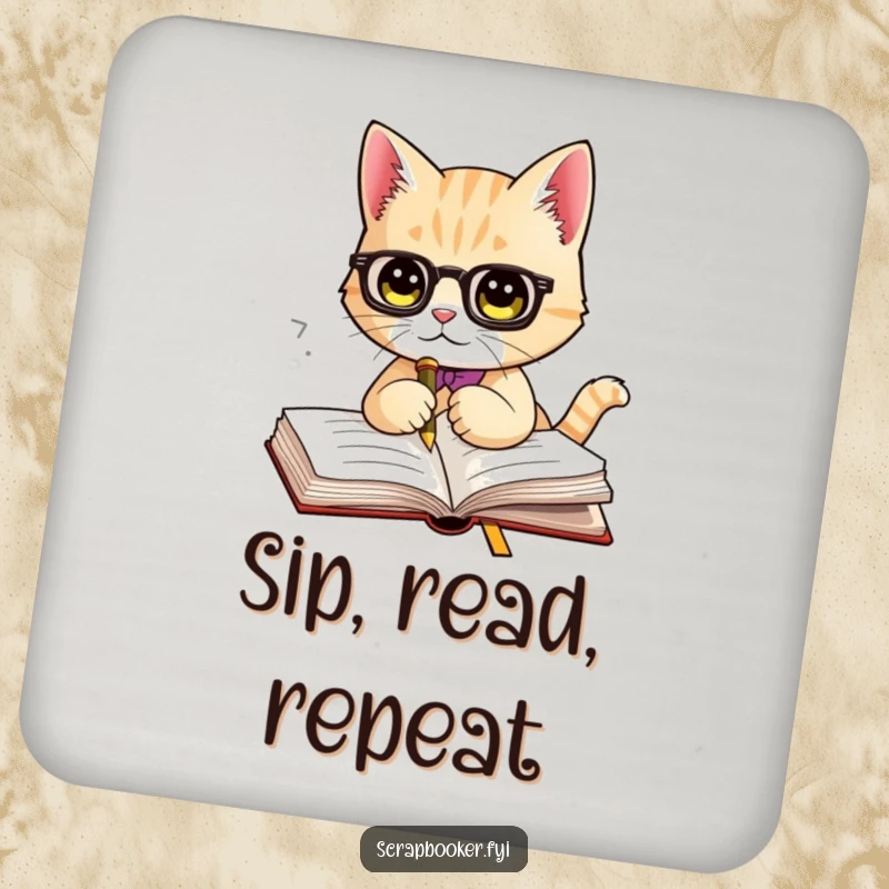 Funny drink coaster featuring a stylish cat using a fancy bookmark. Protects surfaces with a touch of literary charm and feline wit.