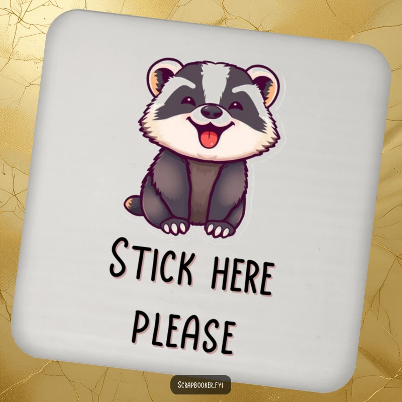 Funny drink coaster featuring a badger with focused, joyful expression pressing down a sticker. Protects surfaces with personality.