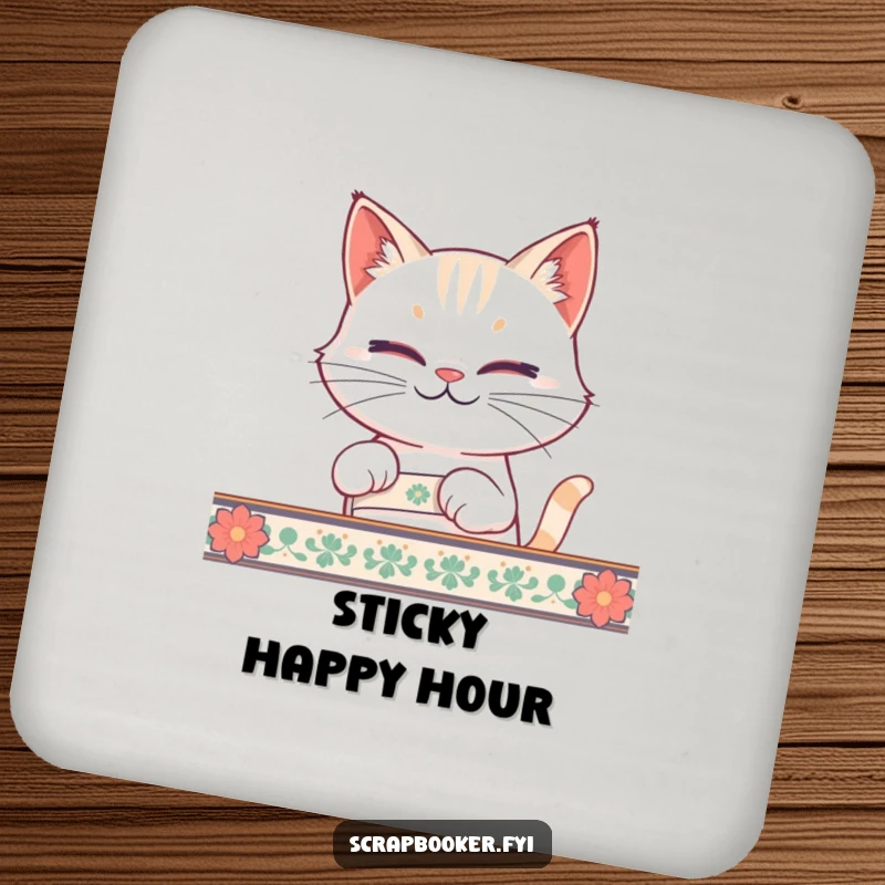 Funny cat tape coasters featuring a smirking cat, protecting surfaces with humor and as a funny gift.