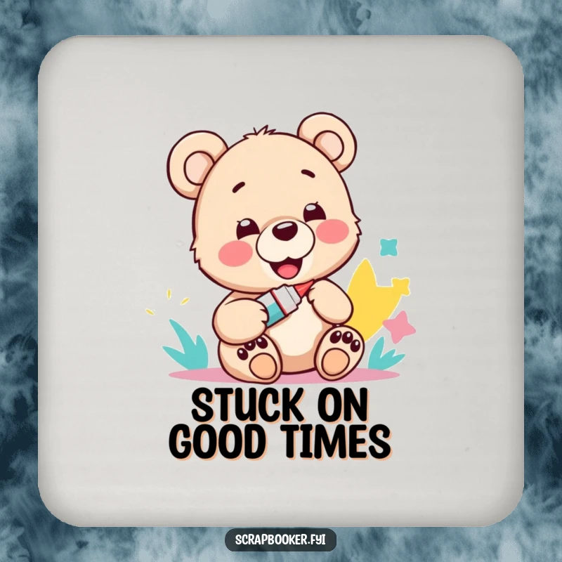 Funny drink coasters featuring a happy bear cub with crafting supplies, adding artistic charm and protection.
