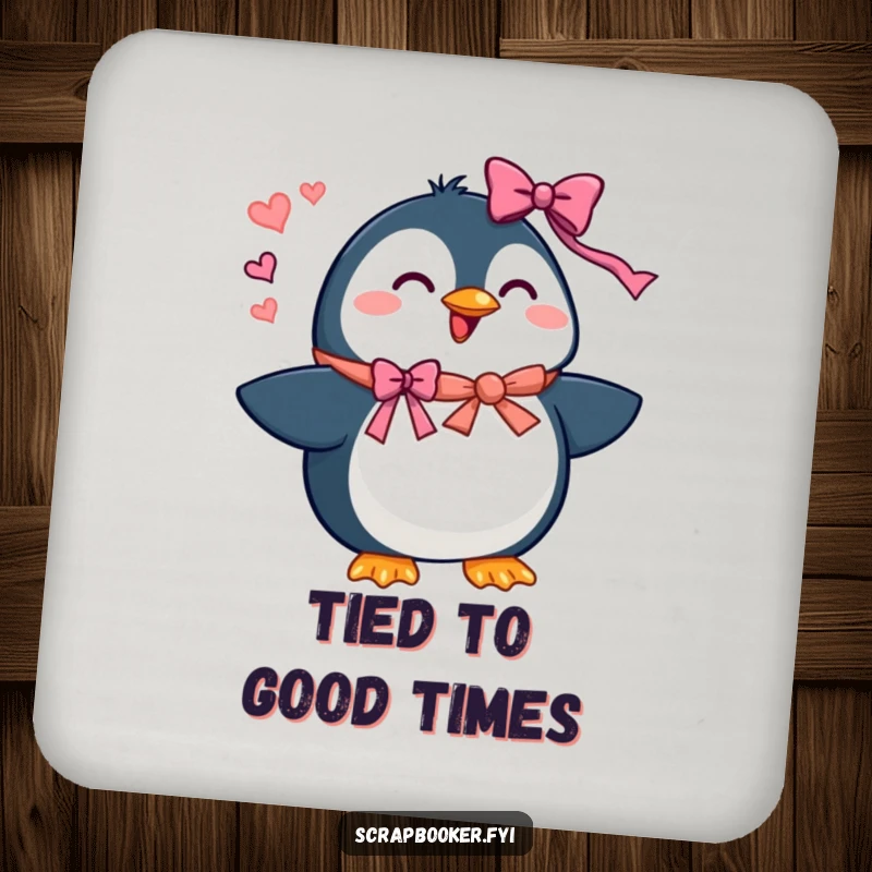 Funny penguin coaster with a beaming character adding ribbons and bows, perfect for festive table protection.
